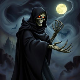 A dramatic and stylized portrayal of the character Death from Puss in Boots, featuring an ominous yet captivating figure cloaked in a dark, flowing robe