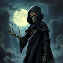 A dramatic and stylized portrayal of the character Death from Puss in Boots, featuring an ominous yet captivating figure cloaked in a dark, flowing robe