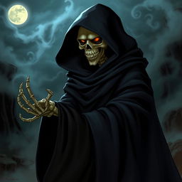 A dramatic and stylized portrayal of the character Death from Puss in Boots, featuring an ominous yet captivating figure cloaked in a dark, flowing robe