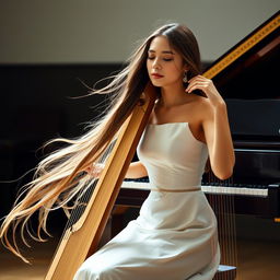 A graceful female harpist wearing a simple white dress, her long hair flowing elegantly as she plays the piano softly
