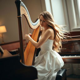 A graceful female harpist wearing a simple white dress, her long hair flowing elegantly as she plays the piano softly