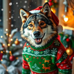 A playful wolf dressed in colorful Christmas attire, featuring a festive red and green sweater adorned with snowflakes and reindeer patterns