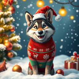 A playful wolf dressed in colorful Christmas attire, featuring a festive red and green sweater adorned with snowflakes and reindeer patterns
