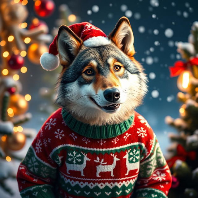 A playful wolf dressed in colorful Christmas attire, featuring a festive red and green sweater adorned with snowflakes and reindeer patterns