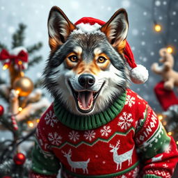 A playful wolf dressed in colorful Christmas attire, featuring a festive red and green sweater adorned with snowflakes and reindeer patterns