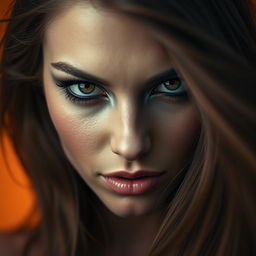 A dramatic close-up portrait of a woman's face, framed beautifully with flowing hair