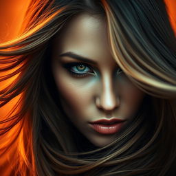 A dramatic close-up portrait of a woman's face, framed beautifully with flowing hair