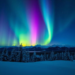 A breathtaking nighttime scene featuring a vibrant aurora borealis lighting up the sky in shades of green, purple, and blue