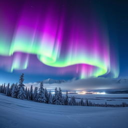 A breathtaking nighttime scene featuring a vibrant aurora borealis lighting up the sky in shades of green, purple, and blue