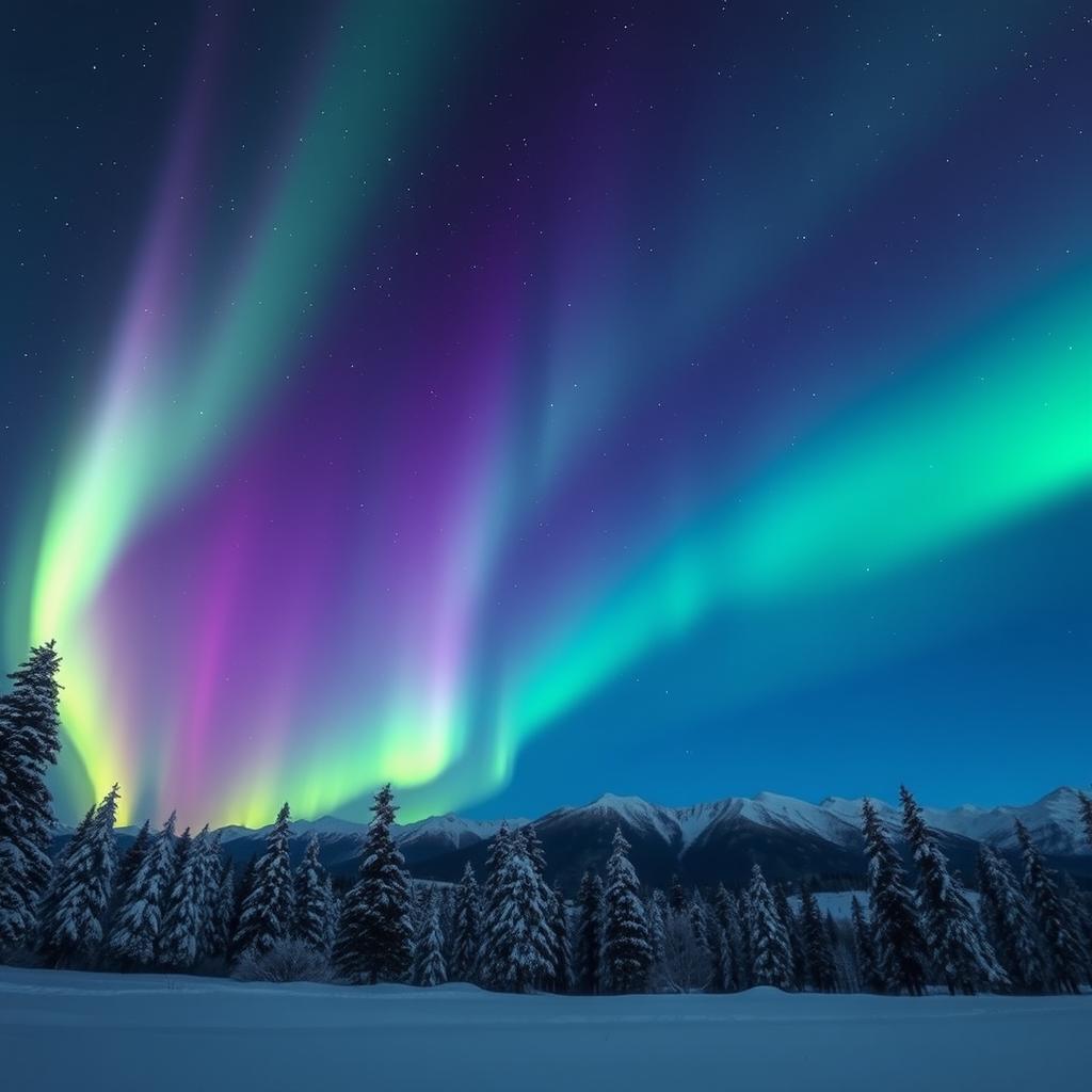 A breathtaking nighttime scene featuring a vibrant aurora borealis lighting up the sky in shades of green, purple, and blue