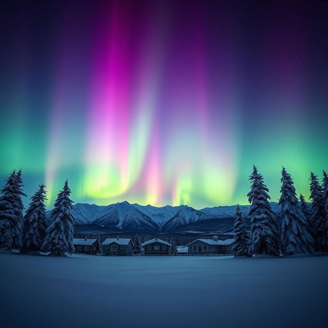 A breathtaking nighttime scene featuring a vibrant aurora borealis lighting up the sky in shades of green, purple, and blue