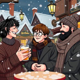 A cozy, wintery scene of three iconic characters: Sirius Black, James Potter, and Remus Lupin enjoying a day in Hogsmeade