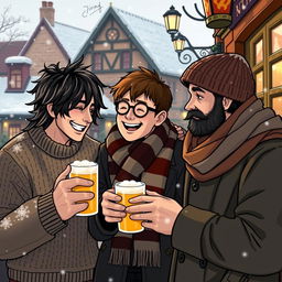 A cozy, wintery scene of three iconic characters: Sirius Black, James Potter, and Remus Lupin enjoying a day in Hogsmeade