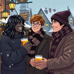 A cozy, wintery scene of three iconic characters: Sirius Black, James Potter, and Remus Lupin enjoying a day in Hogsmeade