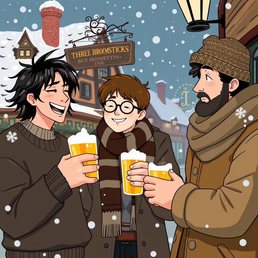 A cozy, wintery scene of three iconic characters: Sirius Black, James Potter, and Remus Lupin enjoying a day in Hogsmeade
