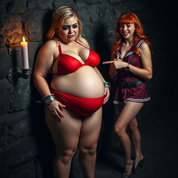 A full-length photographic image set in a dimly lit dungeon, featuring a stunning 19-year-old girl with blonde hair, who has a curvy figure