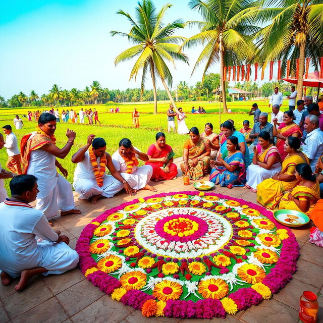 A vibrant celebration of the Onam festival in Kerala, India, showcasing traditional festivities