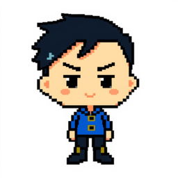 A pixel art depiction of a boy wearing a blue shirt, black pants, and black boots