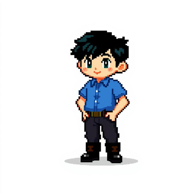 A pixel art depiction of a boy wearing a blue shirt, black pants, and black boots