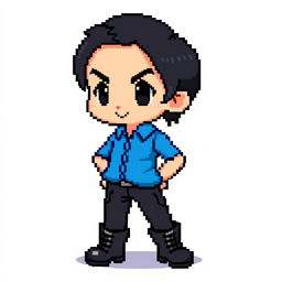 A pixel art depiction of a boy wearing a blue shirt, black pants, and black boots