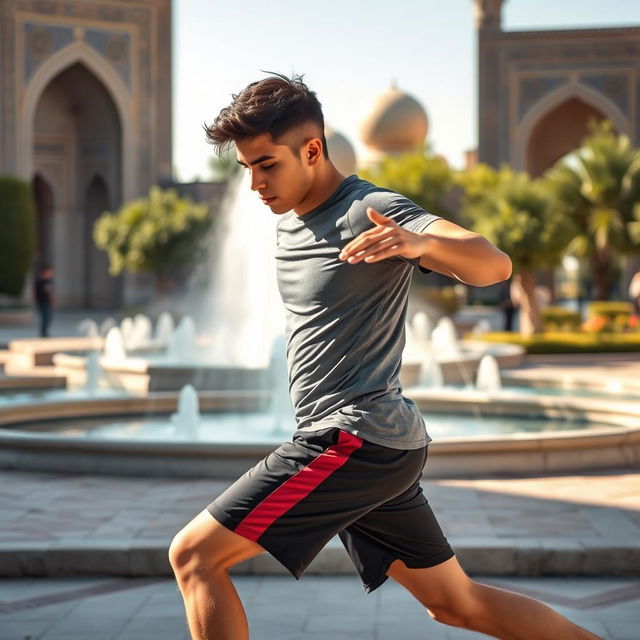 An 18-year-old male athlete engaged in sports in the vibrant Chaharbagh district of Isfahan, Iran