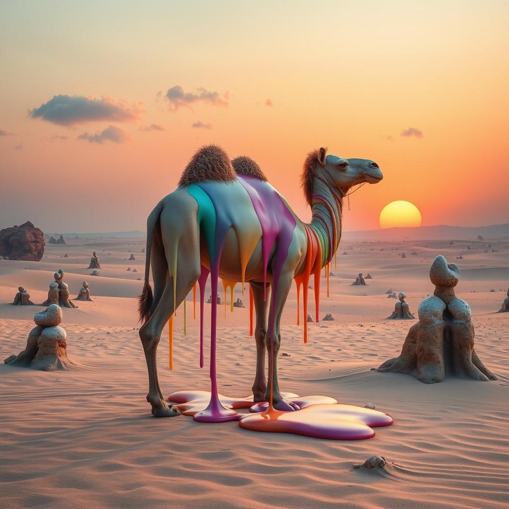 A surreal artistic representation of a melting camel in a desert landscape