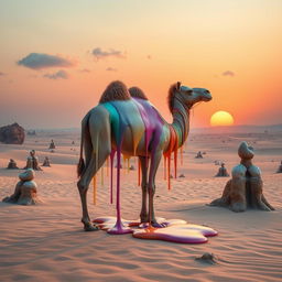 A surreal artistic representation of a melting camel in a desert landscape