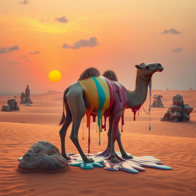 A surreal artistic representation of a melting camel in a desert landscape