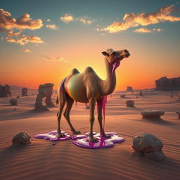 A surreal artistic representation of a melting camel in a desert landscape