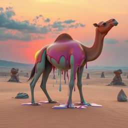 A surreal artistic representation of a melting camel in a desert landscape