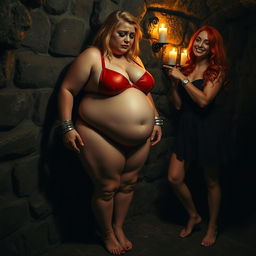A full-length photographic image captured in a dimly lit dungeon, highlighting a poignant scene