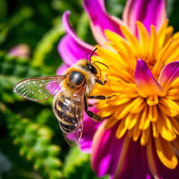 A close-up, highly detailed image of a bee perched on a vibrant flower