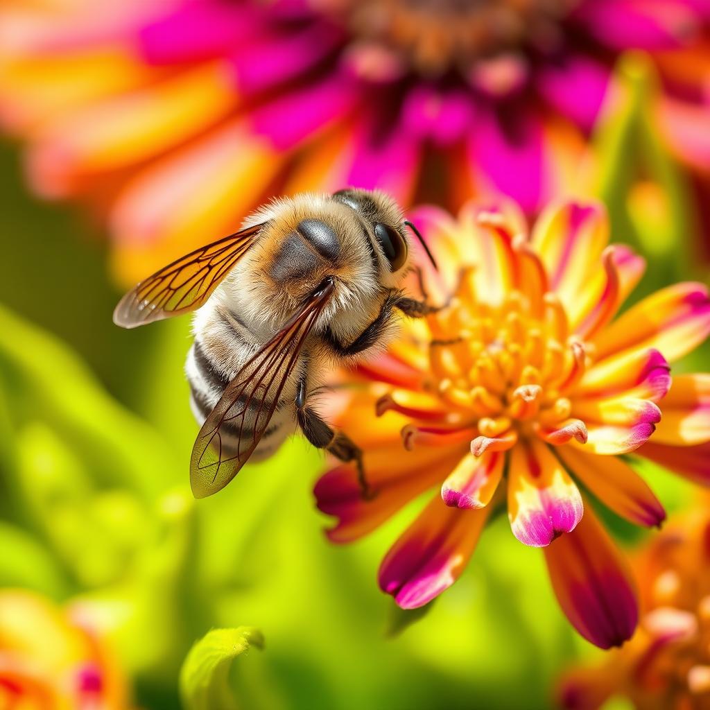 A close-up, highly detailed image of a bee perched on a vibrant flower