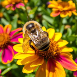 A close-up, highly detailed image of a bee perched on a vibrant flower