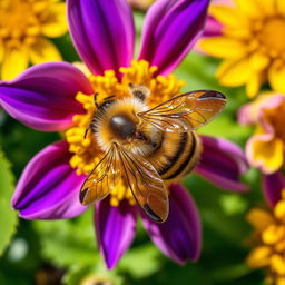A close-up, highly detailed image of a bee perched on a vibrant flower