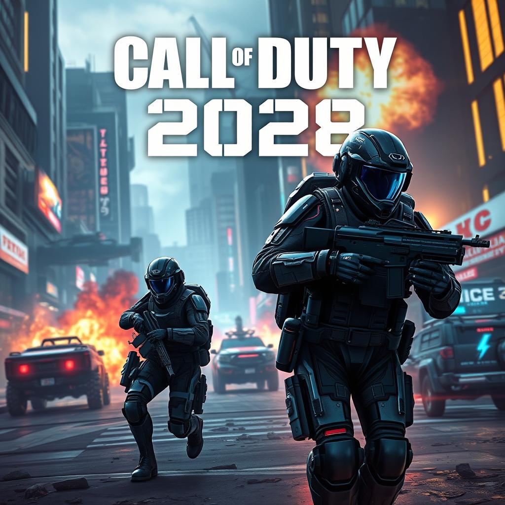 An imaginative futuristic poster for a video game titled 'Call of Duty 2028', featuring high-tech soldiers in advanced combat gear, set in a dystopian urban environment