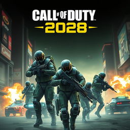 An imaginative futuristic poster for a video game titled 'Call of Duty 2028', featuring high-tech soldiers in advanced combat gear, set in a dystopian urban environment