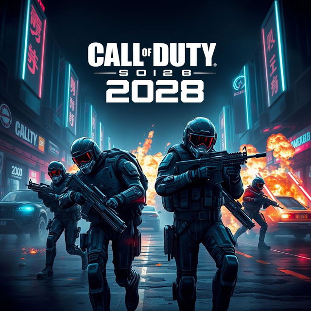 An imaginative futuristic poster for a video game titled 'Call of Duty 2028', featuring high-tech soldiers in advanced combat gear, set in a dystopian urban environment