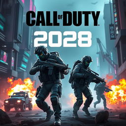An imaginative futuristic poster for a video game titled 'Call of Duty 2028', featuring high-tech soldiers in advanced combat gear, set in a dystopian urban environment