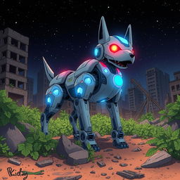A robot dog-like creature with glowing red eyes and blue glowing lights, set against a backdrop of a destroyed city