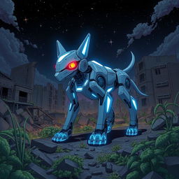 A robot dog-like creature with glowing red eyes and blue glowing lights, set against a backdrop of a destroyed city
