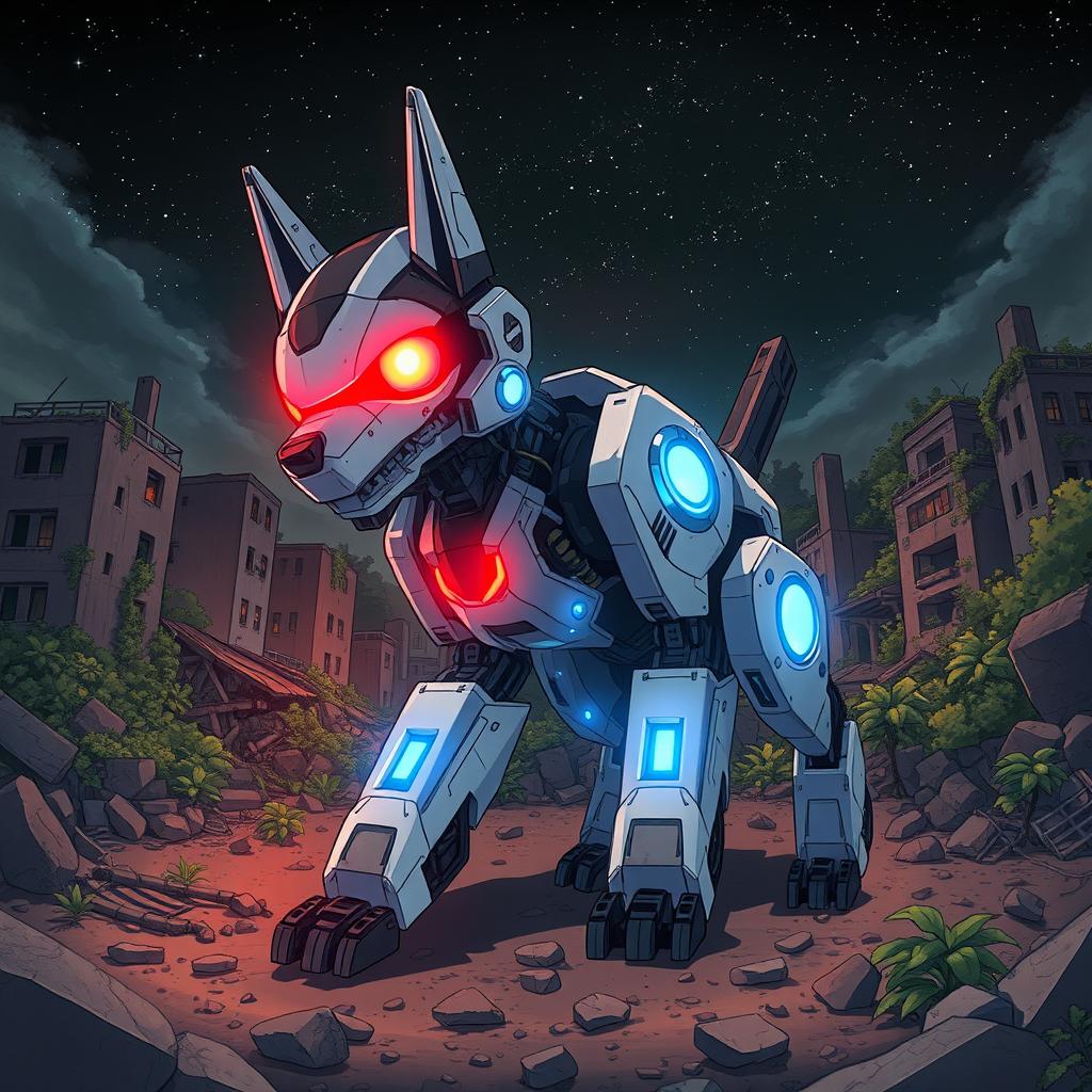 A robot dog-like creature with glowing red eyes and blue glowing lights, set against a backdrop of a destroyed city