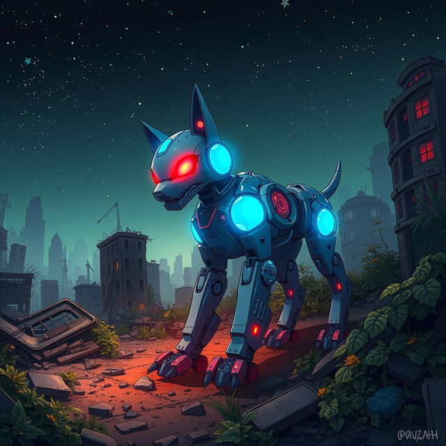 A robot dog-like creature with glowing red eyes and blue glowing lights, set against a backdrop of a destroyed city