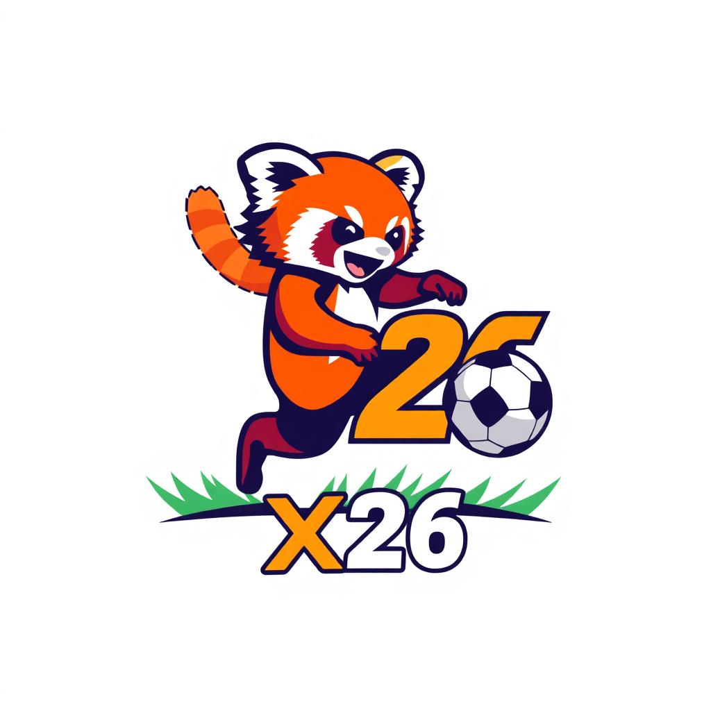 A logo design featuring the animal Ailurus, commonly known as the red panda, engaging in football