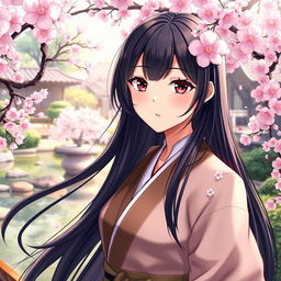 A highly detailed portrait of Haruka Igusa, featuring her with flowing long dark hair, bright expressive eyes, and dressed in a stylish and fashionable outfit that blends modern trends with traditional Japanese elements