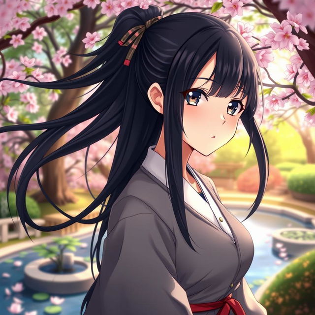 A highly detailed portrait of Haruka Igusa, featuring her with flowing long dark hair, bright expressive eyes, and dressed in a stylish and fashionable outfit that blends modern trends with traditional Japanese elements