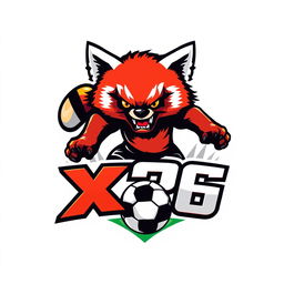 A logo design featuring an angry Ailurus, also known as a red panda, actively engaged in football