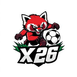 A logo design featuring an angry Ailurus, also known as a red panda, actively engaged in football