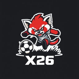 A logo design featuring an angry Ailurus, also known as a red panda, actively engaged in football