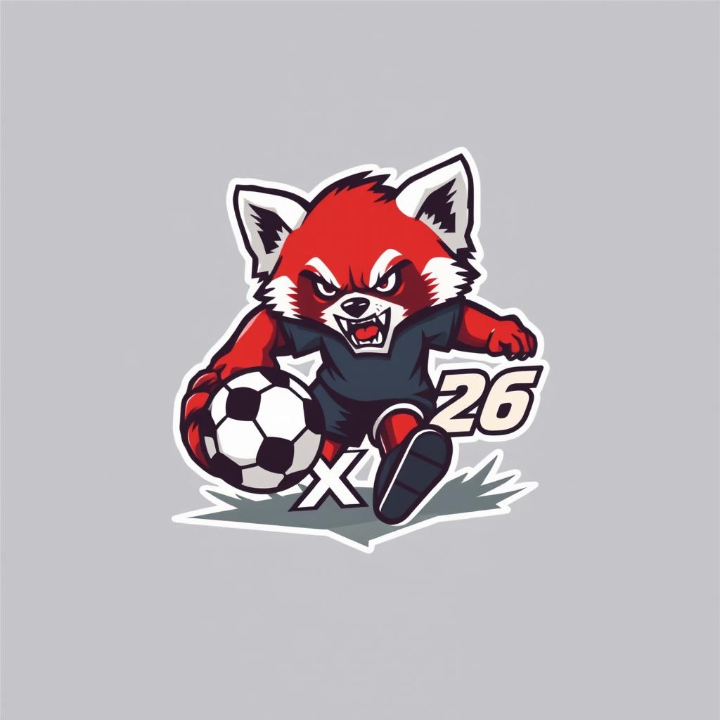 A logo design featuring an angry Ailurus, also known as a red panda, actively engaged in football